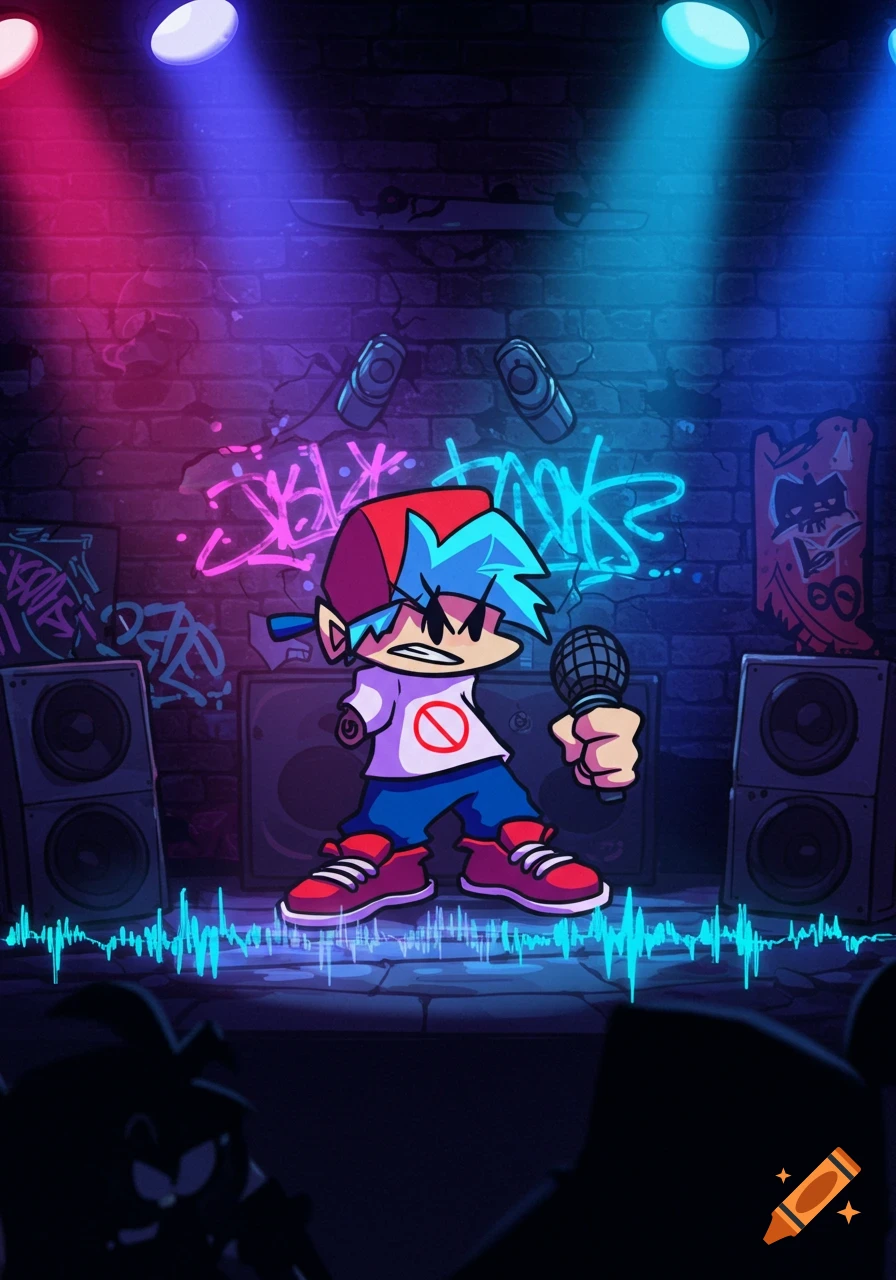 A blue-haired cartoon character, Boyfriend from Friday Night Funkin', is armless and stands on a stage holding a microphone under pink and blue spotlights. Graffiti covers the brick wall background, and large speakers flank the character. A blue sound wave visualizer pulses at the bottom.