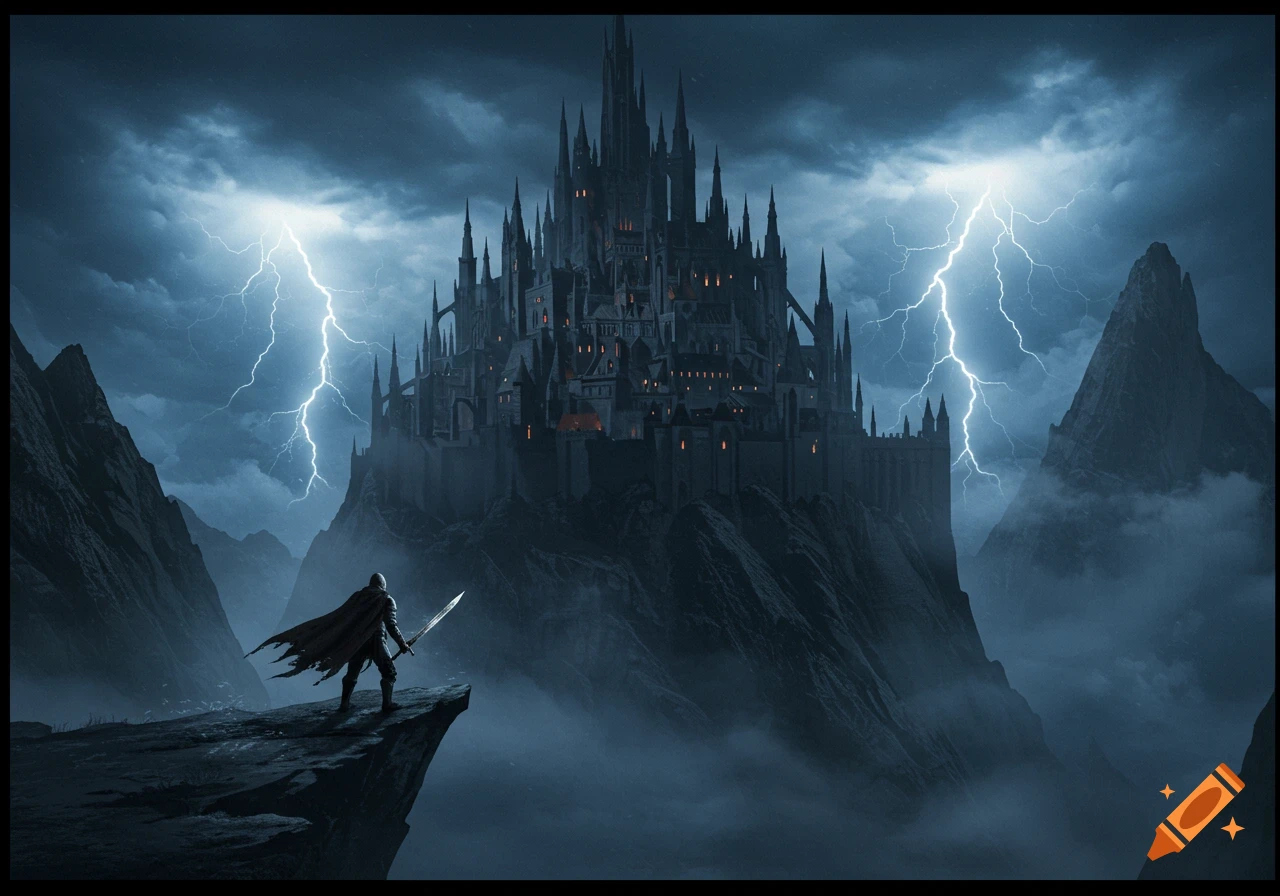A cloaked hero stands on a cliff overlooking a dark, spiky fantasy castle under a stormy sky with lightning.