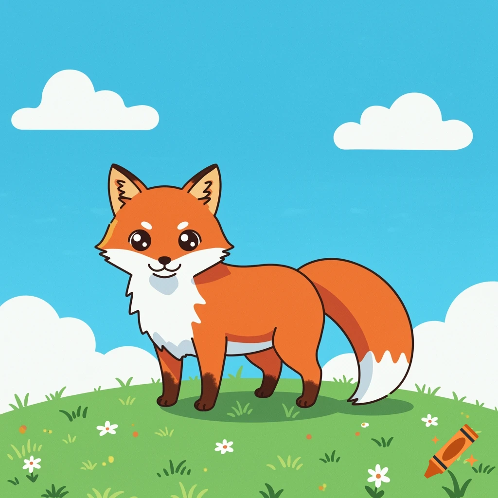 A cute orange and white cartoon fox with big eyes standing on a green grassy hill with white flowers under a blue sky with clouds.