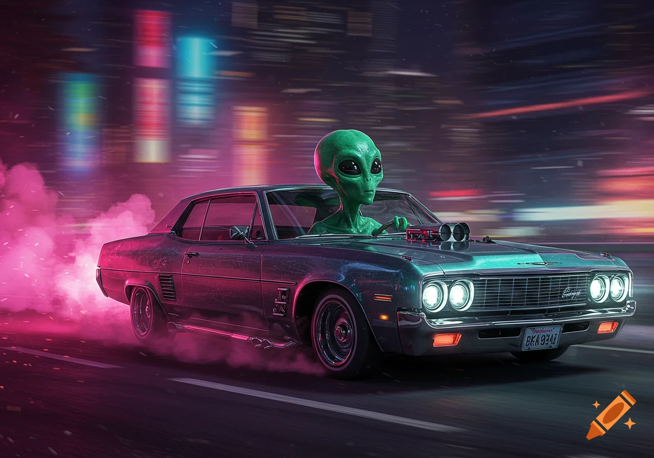 A green alien drives a vintage muscle car with pink exhaust smoke through a neon-lit city street at night, photorealistic.
