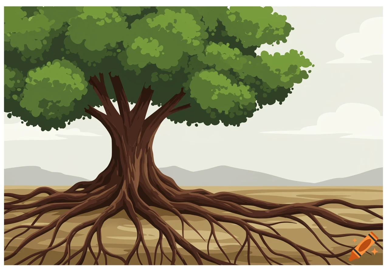A vibrant illustration of a tree with expansive roots spread across the ground, under a cloudy sky and distant hills.