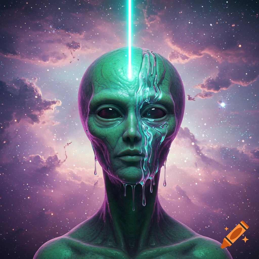 A green alien face with its right side appearing to melt, under a turquoise laser beam, against a starry purple nebula sky.