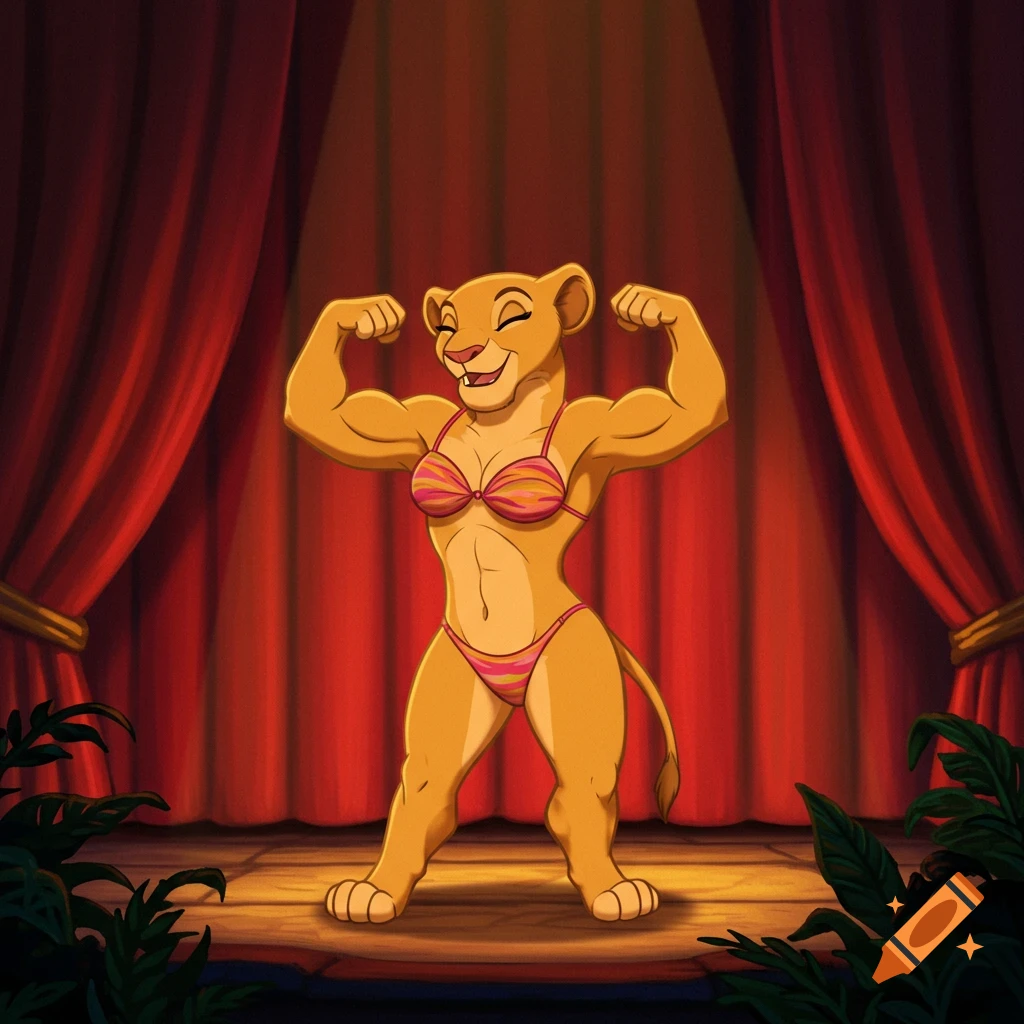 A cartoon lioness resembling Nala from The Lion King flexes her muscles in a bikini on a stage with red curtains, in a 2D animation style.