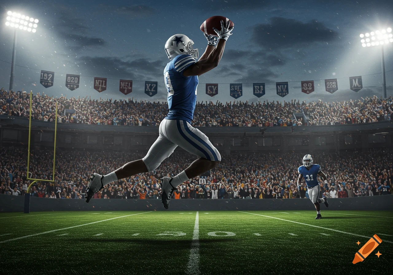 A football player in a blue and white uniform leaps to catch the ball in a crowded stadium under floodlights. Another player runs in the foreground.
