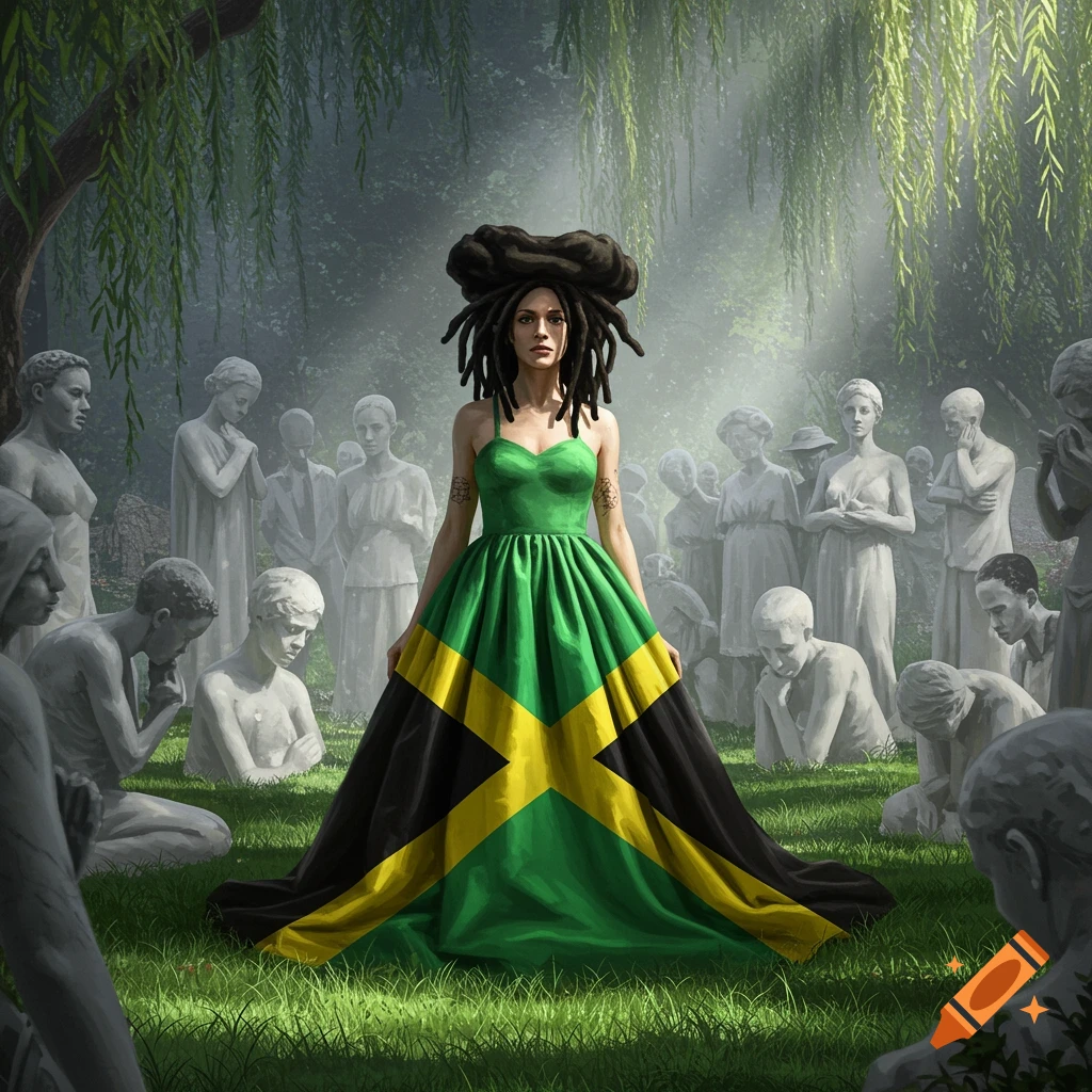 A woman with dreadlocks in a green, black, and yellow dress featuring the Jamaican flag stands in a misty, grassy clearing surrounded by numerous stone-like statues of people.