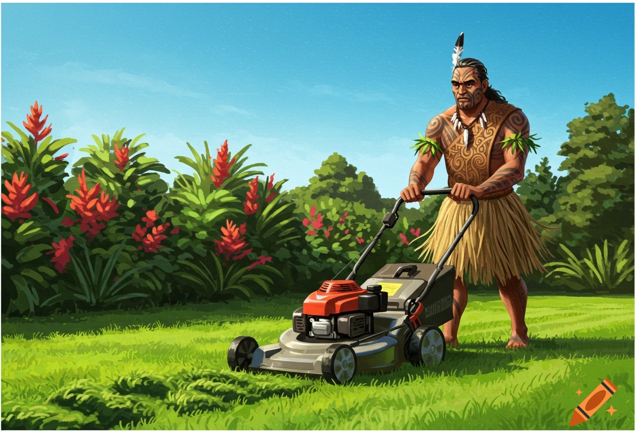 A Maori man in traditional attire pushes a lawn mower across a vibrant green lawn with red tropical plants.