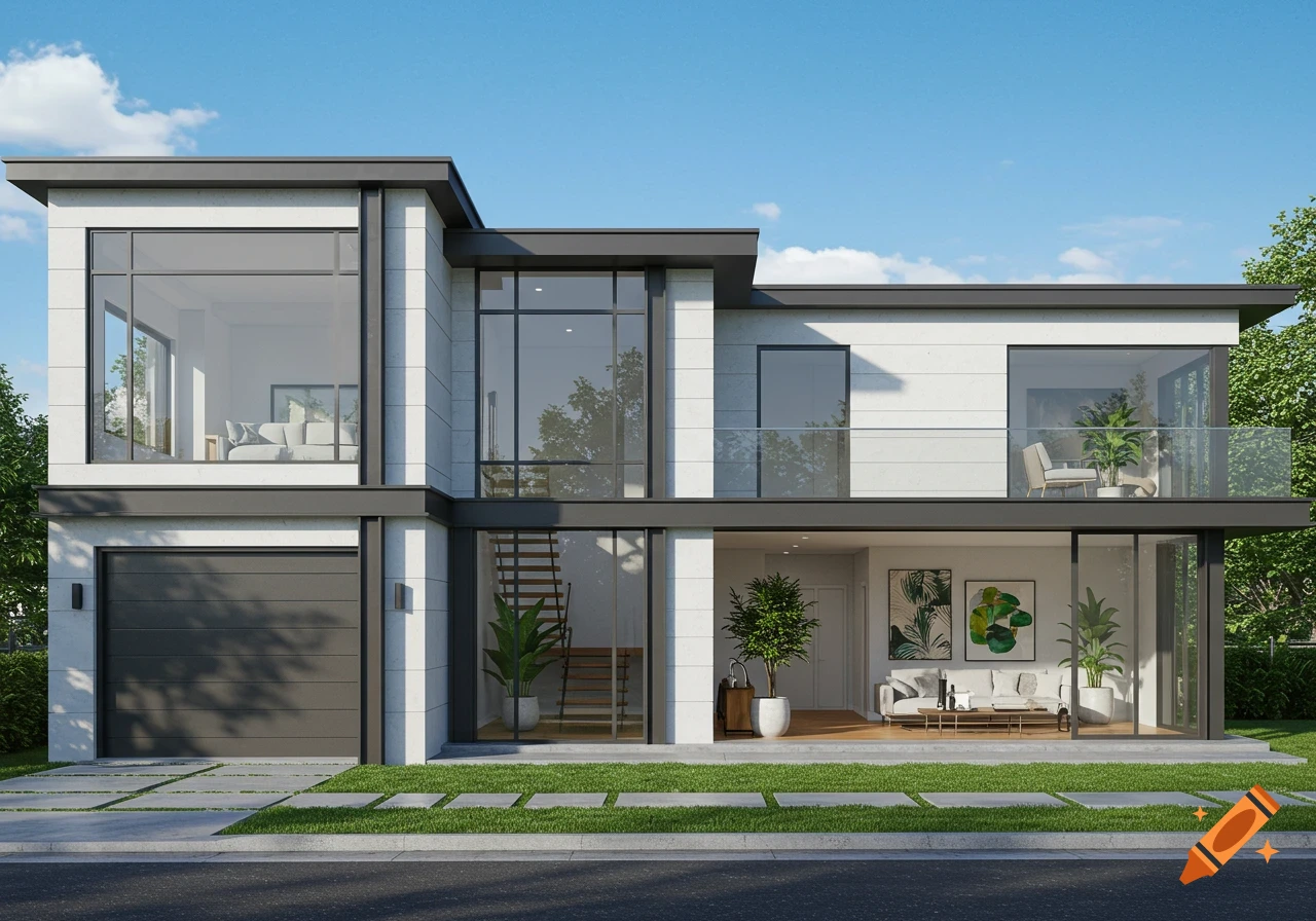 A modern two-story house with a flat roof, large windows, a garage, and a balcony with glass railings on a sunny day.