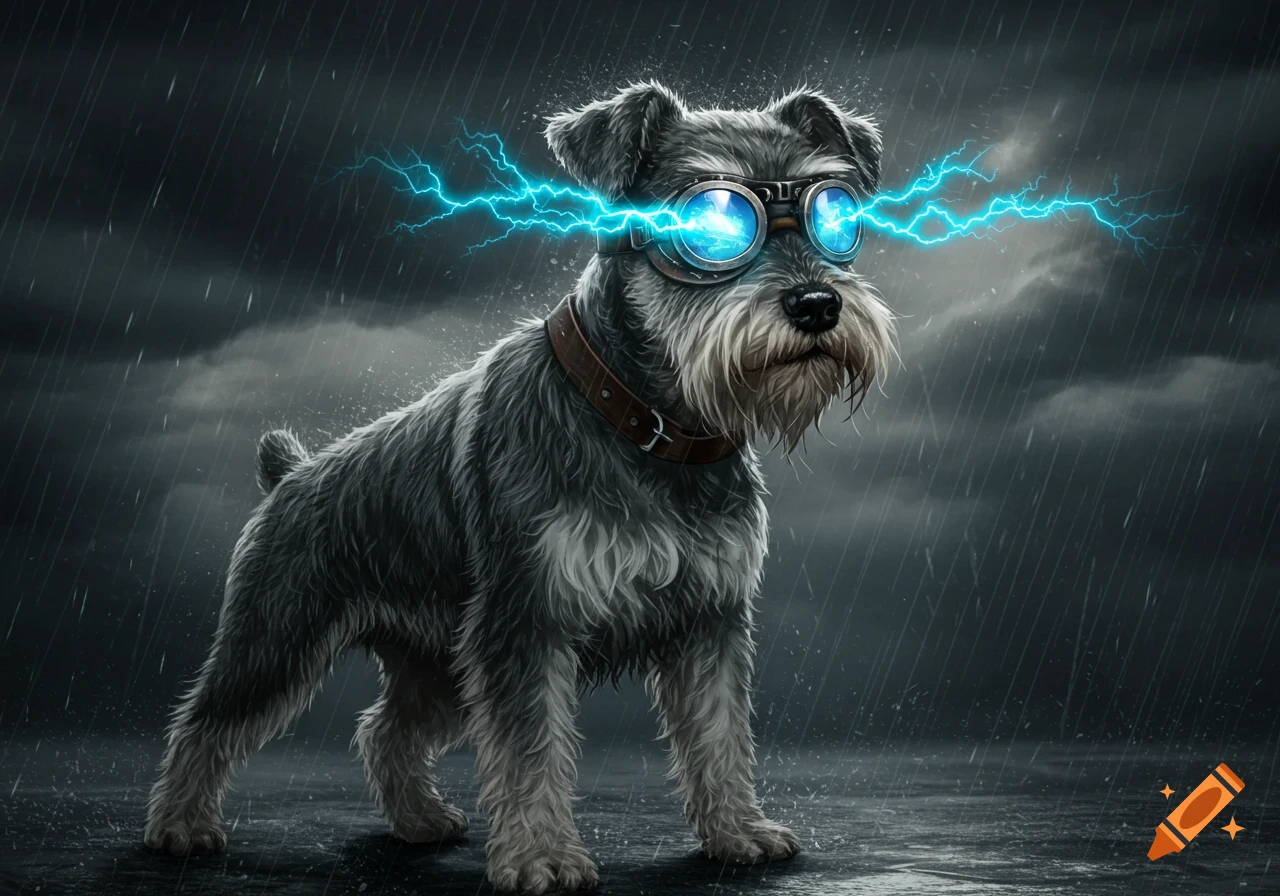 A Schnauzer wearing goggles with blue lightning from its eyes, standing determinedly in the rain during a storm.
