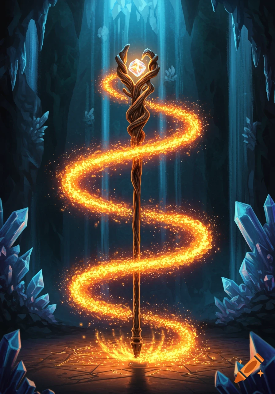 A glowing magical staff emitting an orange, spiraling stream of sparkling dust in a dark, crystal-filled cave.