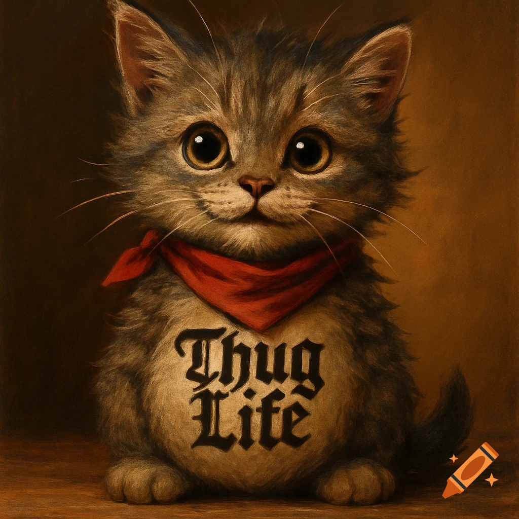 A cute fluffy kitten wearing a red bandana, with the words "Thug Life" written in black script on its belly.