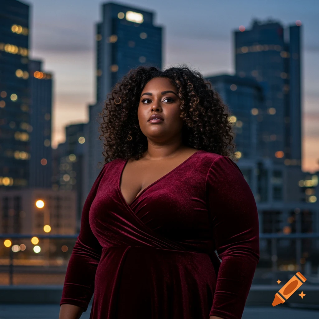 A woman with curly hair in a red velvet dress stands against a city skyline at dusk.