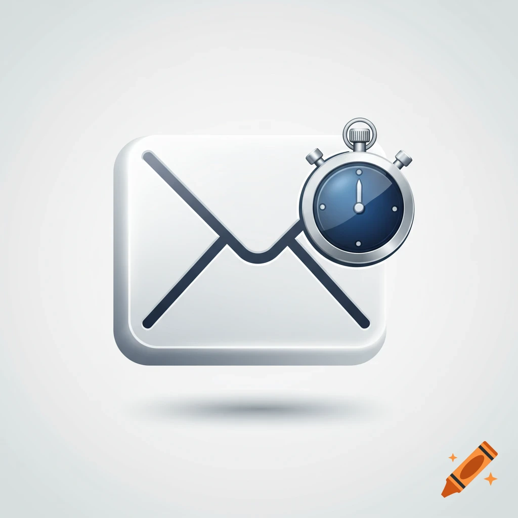 An illustration of a white message envelope icon with a metallic blue and silver stopwatch attached to its top right corner, on a light grey background.