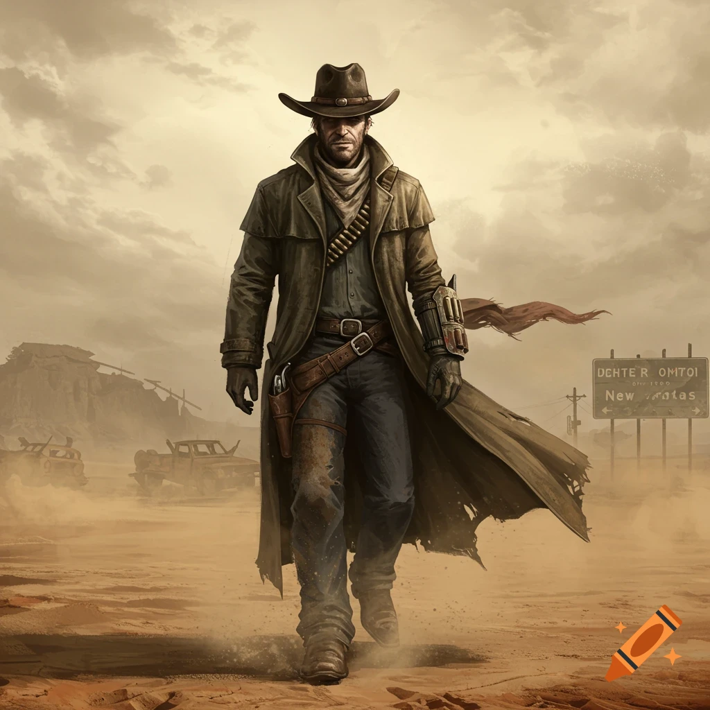A male cowboy in a duster coat walks through a dusty, post-apocalyptic desert with ruined cars and a sign in the background.