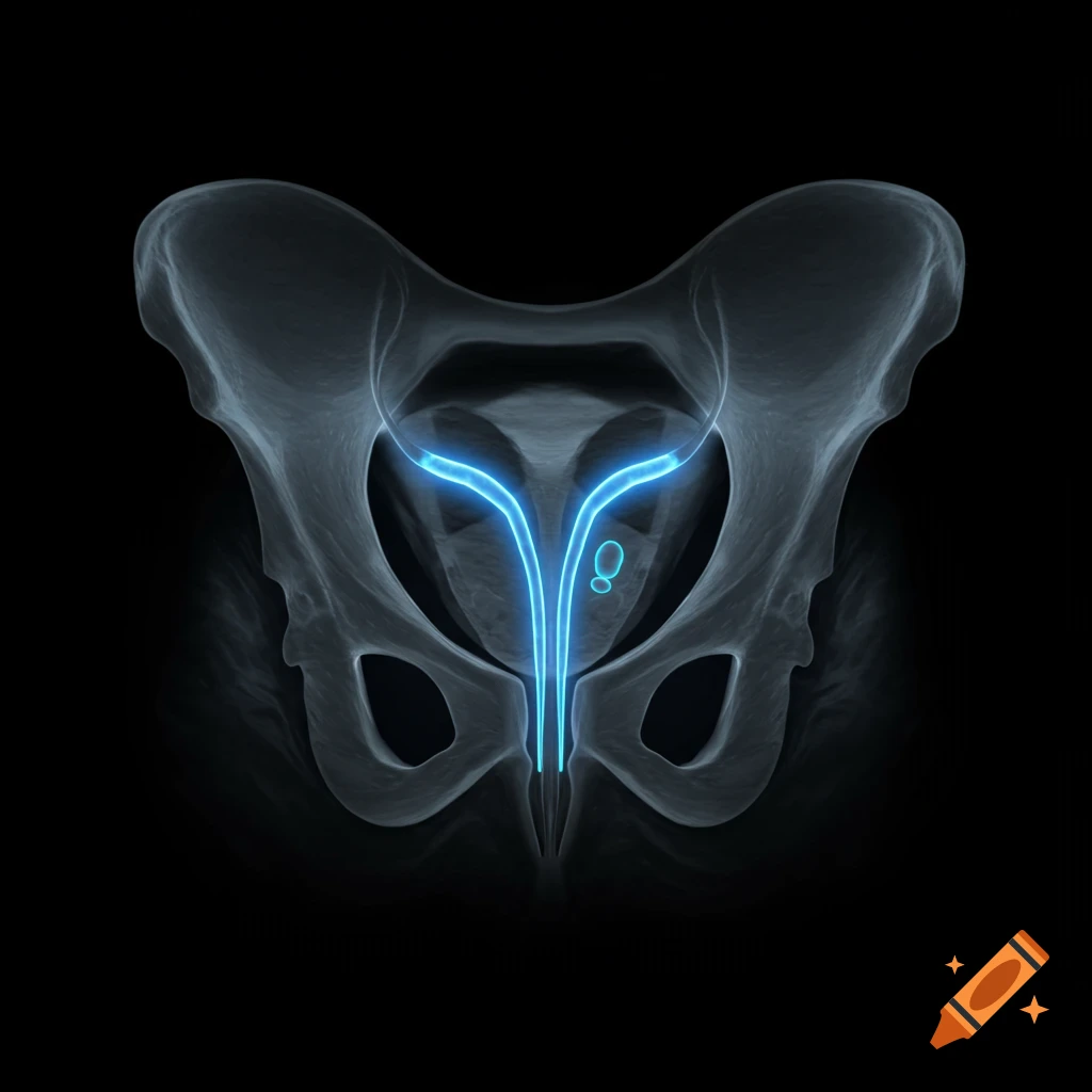 A stylized X-ray medical illustration of a human pelvis, showing the bone structure with glowing blue highlights indicating the urethra on a dark background.