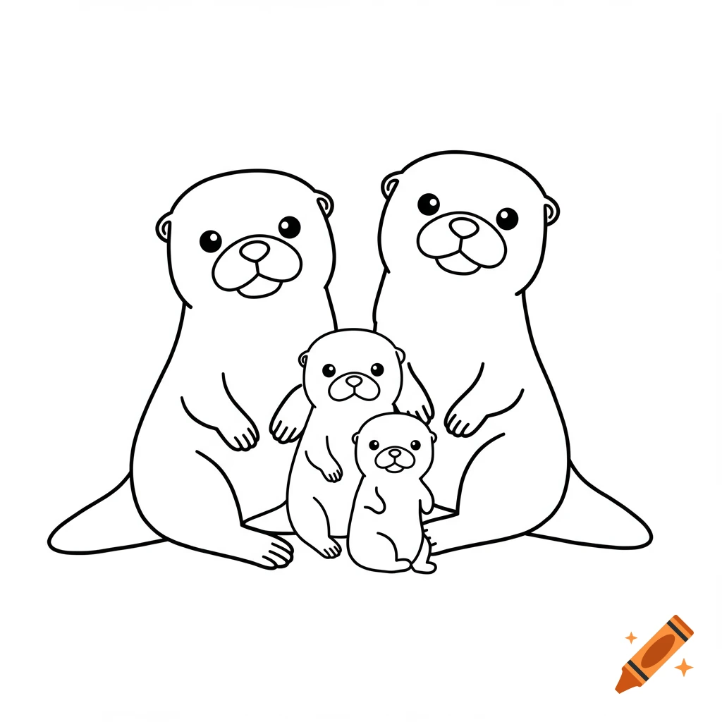 A simple cartoon line drawing of an otter family with two adults and two baby otters on a white background.
