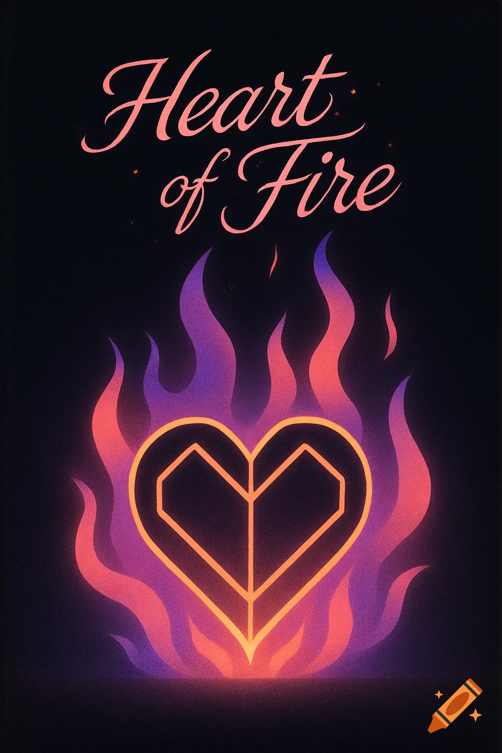 Minimalist 80s style artwork with a glowing heart symbol surrounded by vibrant flames, and the title 'Heart of Fire'.