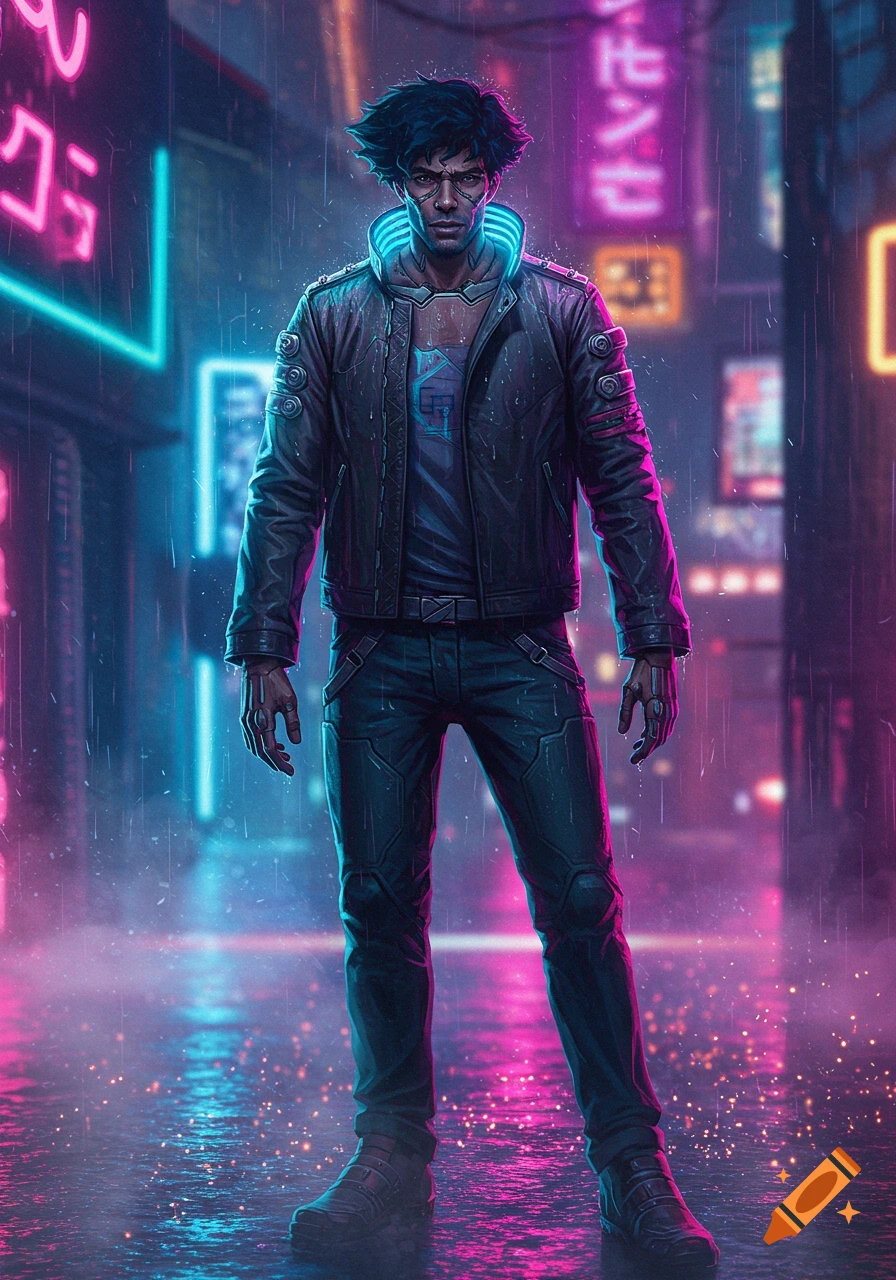 A male character with blue hair and cybernetic facial implants stands in a neon-lit, rainy cyberpunk city street.