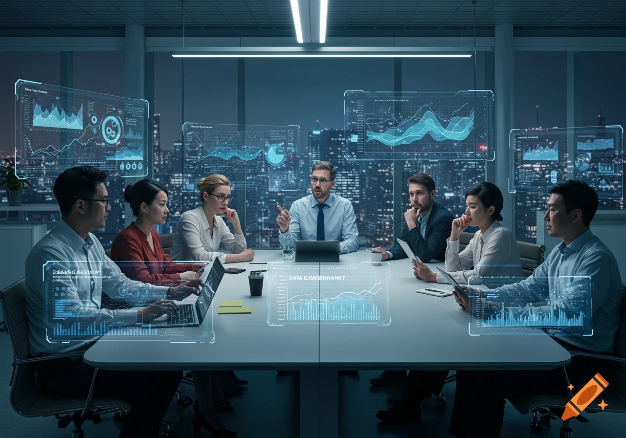Business professionals hold a meeting in a futuristic boardroom, surrounded by holographic data displays, with a city skyline at night.