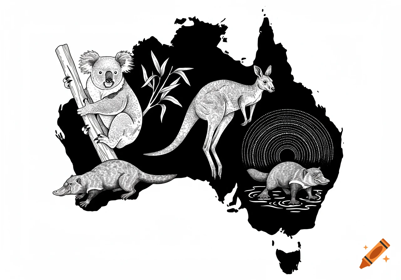 Black and white illustration of Australian animals (koala, kangaroo, platypus, Tasmanian devil) on a map silhouette.