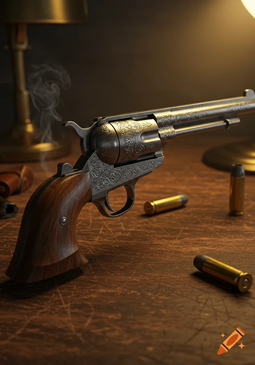 A detailed, photorealistic image of an ornate, smoking revolver lying on a wooden table with bullets scattered around.