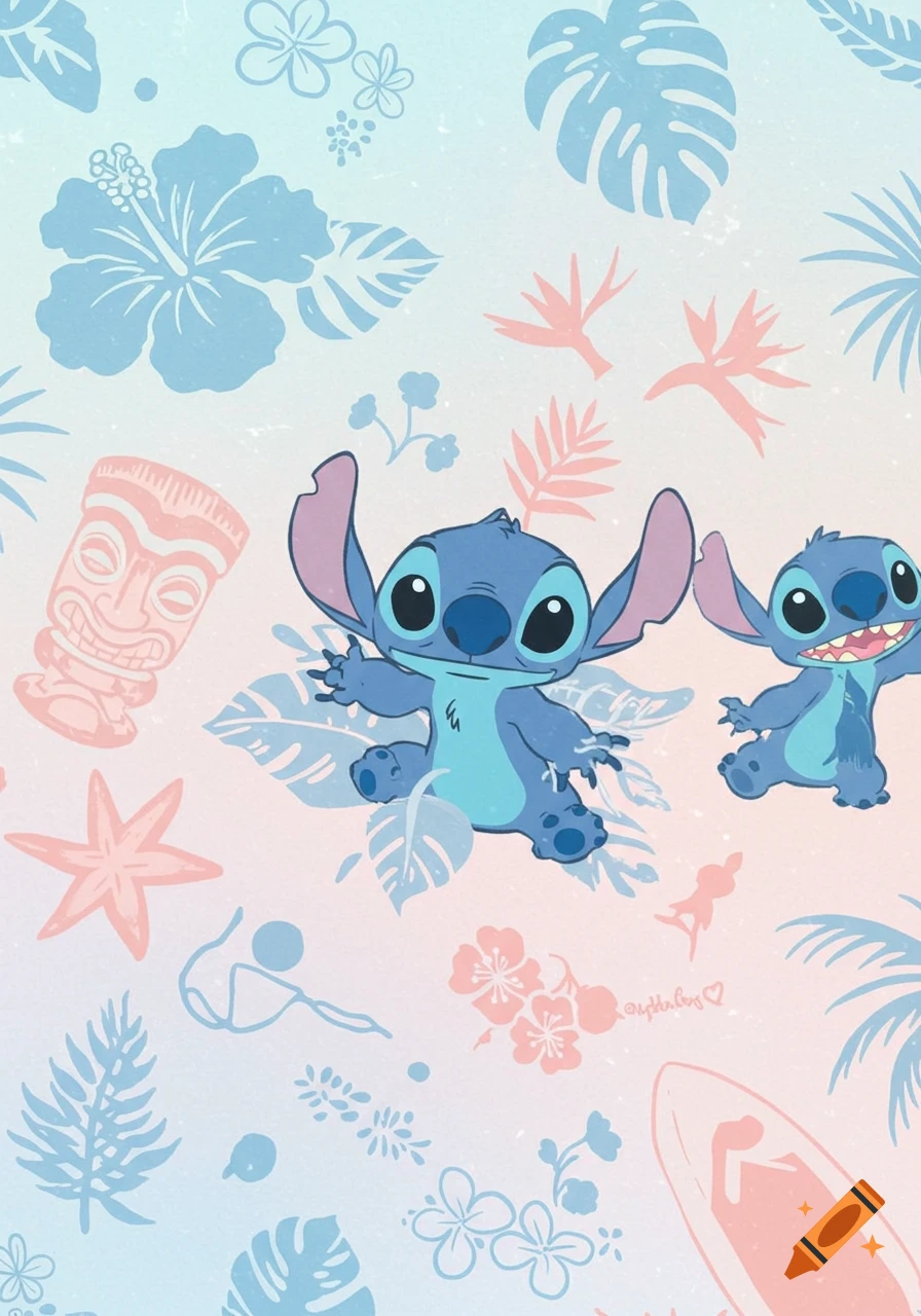 Two blue Stitch cartoon characters in a pastel tropical pattern with hibiscus flowers, palm leaves, a tiki mask, and a surfboard.