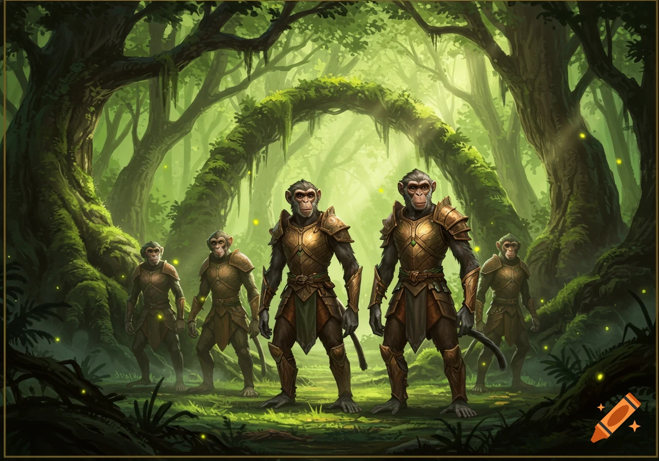 Five monkeyfolk warriors in golden and brown armor stand in a lush, luminous jungle, light filtering through the trees.