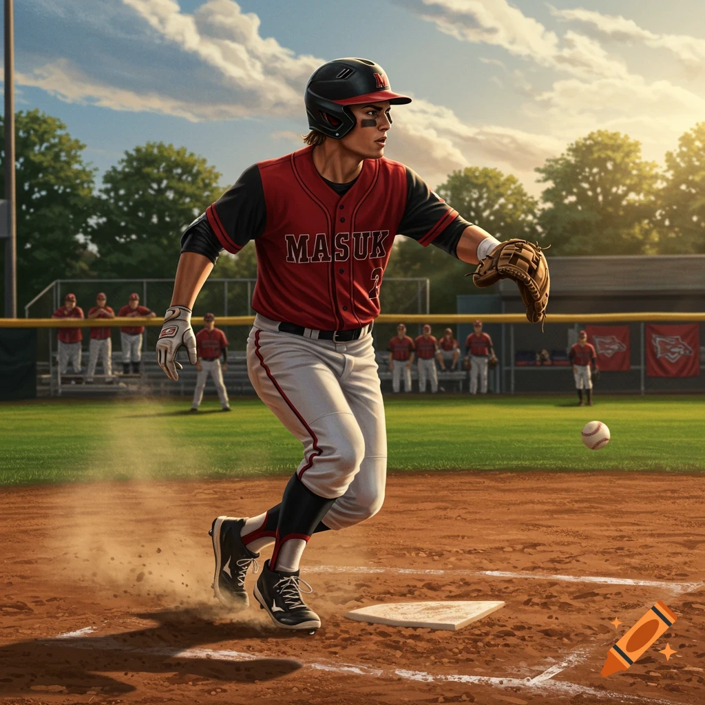 A baseball player in a red and black uniform runs on a dirt field during a game, with a base and a baseball visible. Other players are in the background.