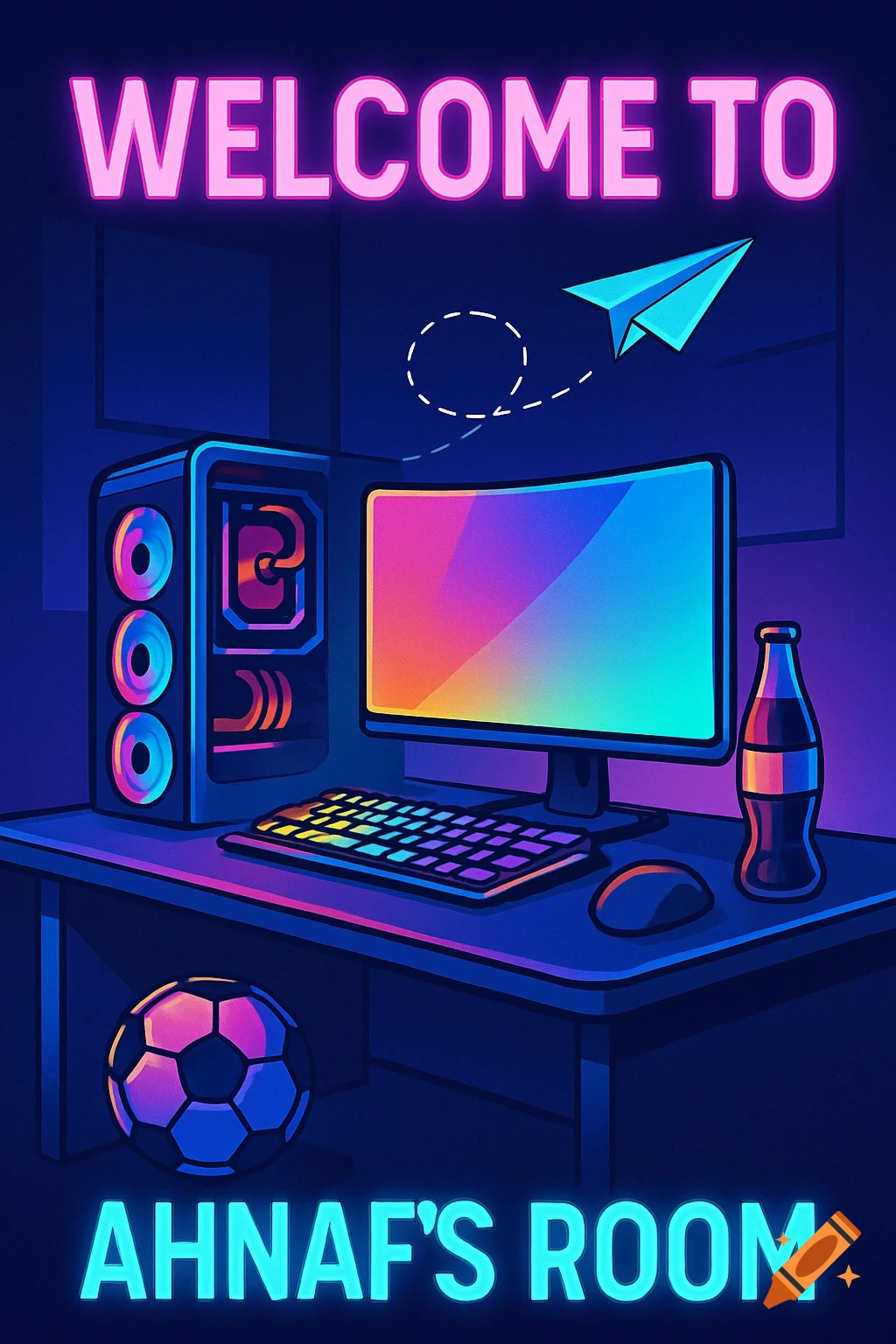 A vibrant cartoon poster of a gamer's room with a neon 'WELCOME TO AHNAF'S ROOM' sign, featuring an RGB-lit PC setup, cola bottle, paper airplane, and soccer ball.