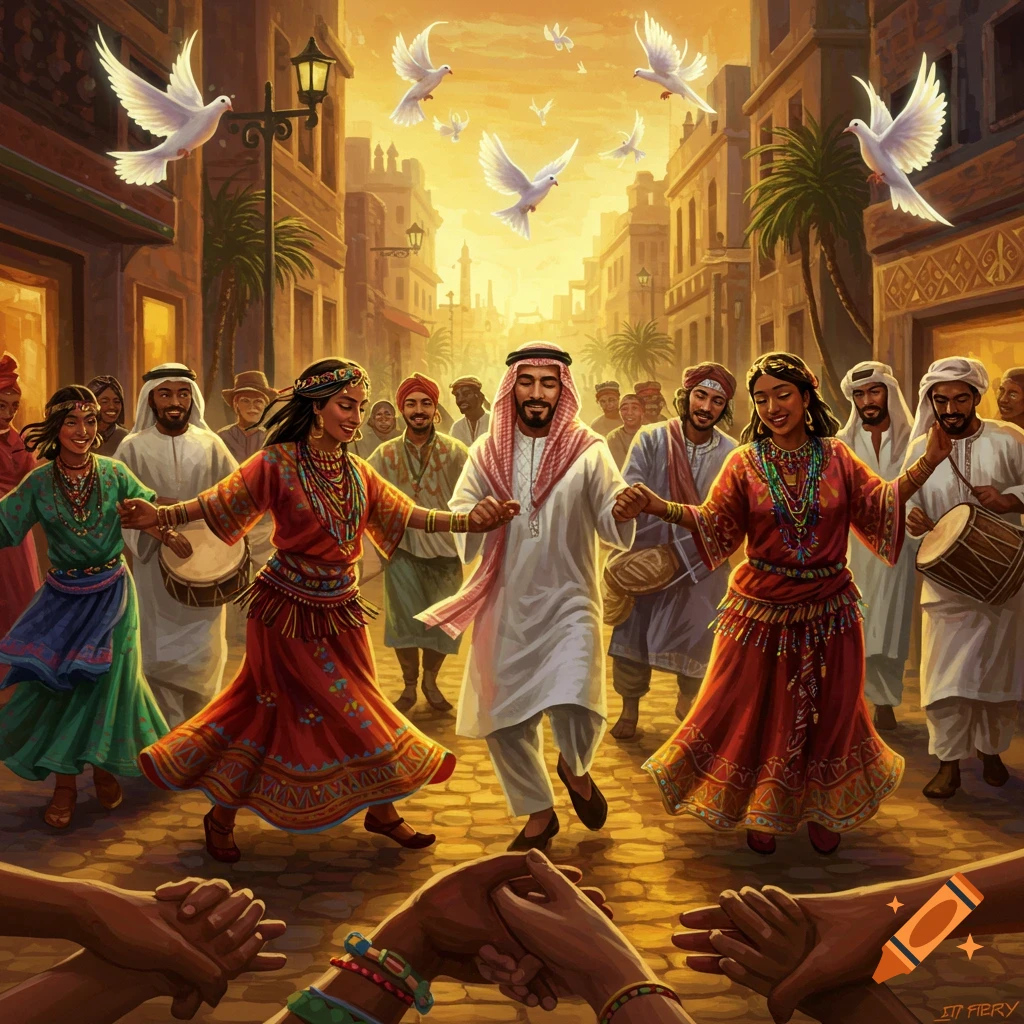 People in colorful traditional clothing joyfully dance in a vibrant street, holding hands, with white doves flying overhead under a warm sky.