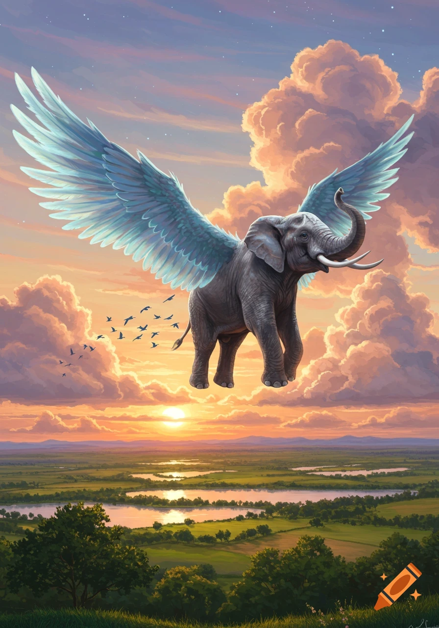 A majestic elephant with large feathered wings flies high above a lush green landscape and rivers at sunset, with birds flying nearby.