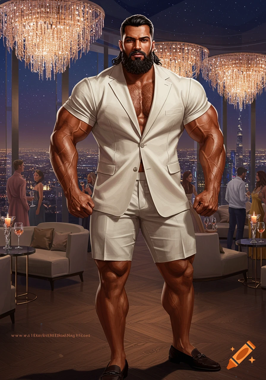 A confident, heavily muscular man with a beard, wearing a white short-sleeved suit and shorts, stands in a luxurious high-rise lounge overlooking a city at night.
