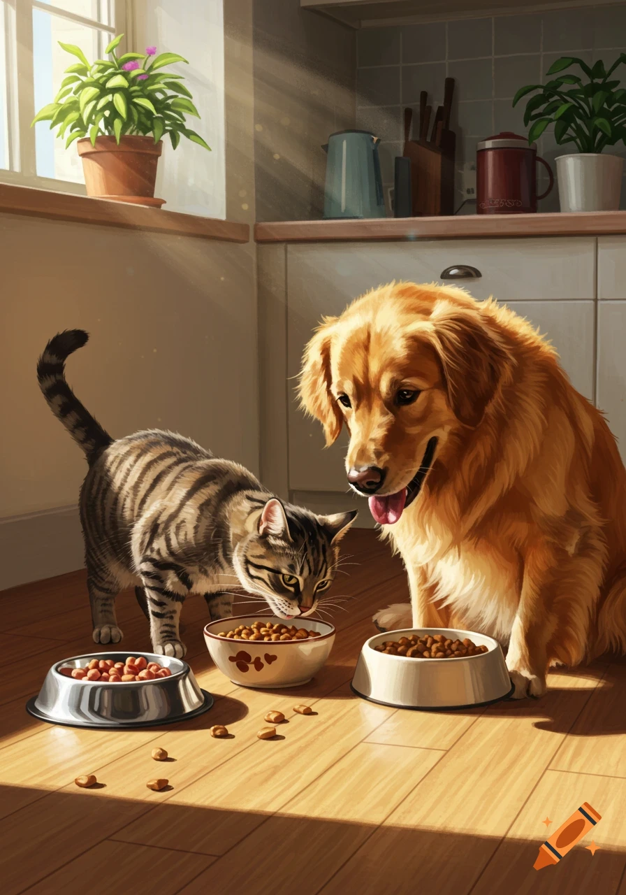 A tabby cat and a golden retriever eat kibble from bowls on a sunlit kitchen floor, in an illustrative style.