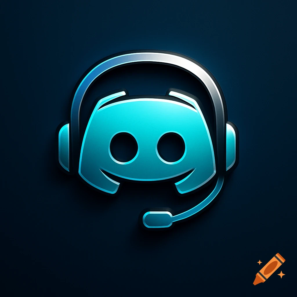 A stylized glowing blue Discord logo with a silver headset and microphone against a dark blue background.