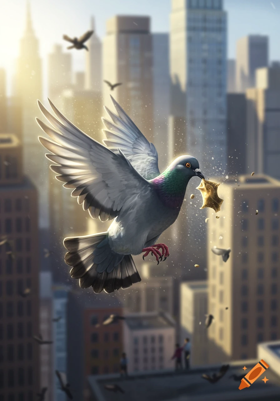 A pigeon with colorful neck feathers flies above a city skyline, holding a piece of golden bread in its beak.