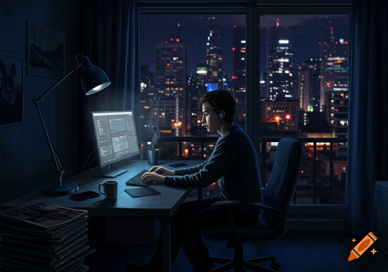 A person sits at a desk, typing on a computer, with a brightly lit city skyline visible through the window at night.