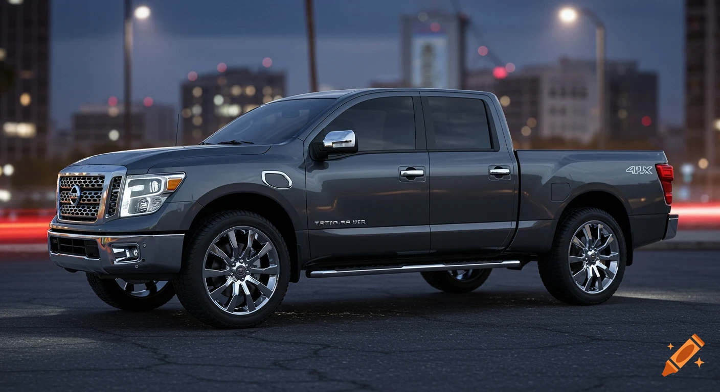 A dark grey Nissan Titan pickup truck with chrome accents is parked on an asphalt road at dusk, with city lights blurred in the background. Photorealistic style.