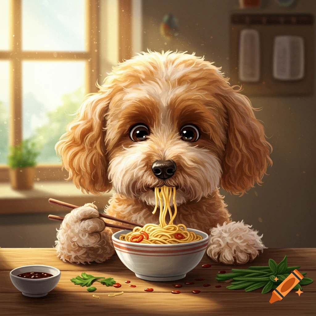 A cute, fluffy dog with big eyes sits at a wooden table, slurping noodles from a bowl with chopsticks.