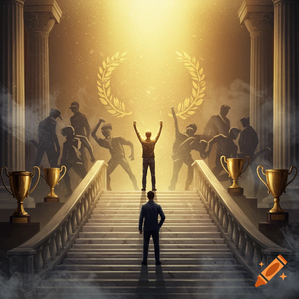 A man with raised arms triumphs at the top of a sunlit staircase, surrounded by shadowy figures, as another man looks up from below. Digital art.