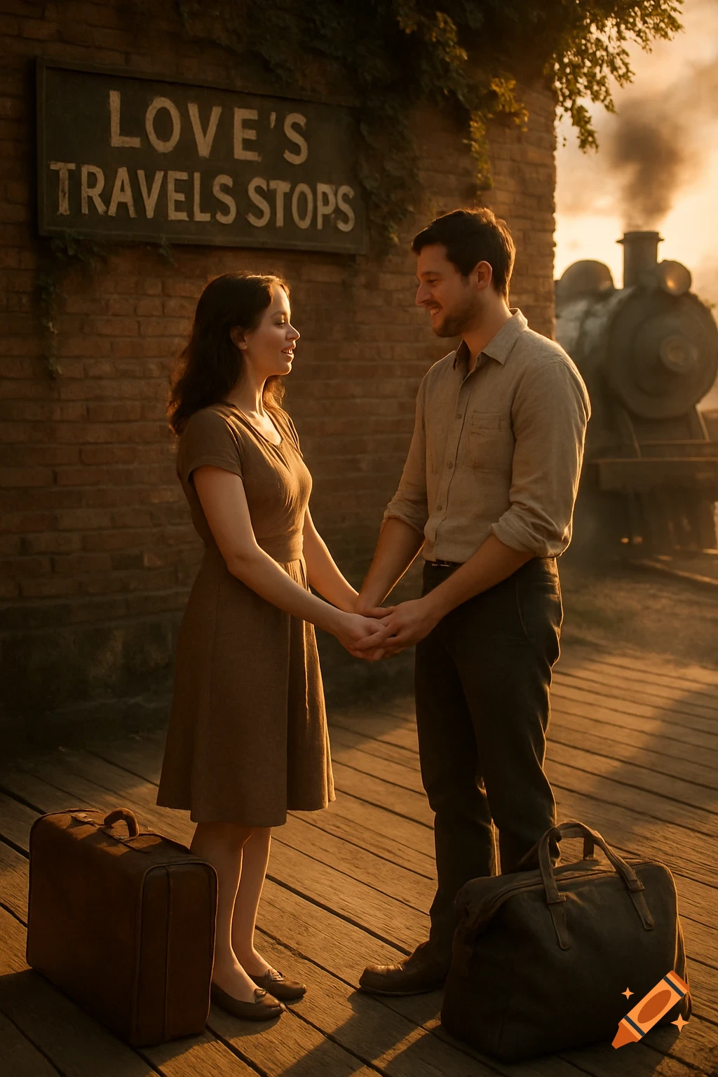 Photorealistic image of a couple holding hands on a train station platform at sunset. A sign reads "LOVE'S TRAVELS STOPS" with a train in the background.