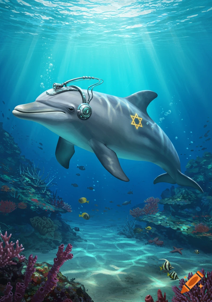 A dolphin wearing futuristic silver headphones with a Star of David on its side swims in a vibrant underwater coral reef scene.