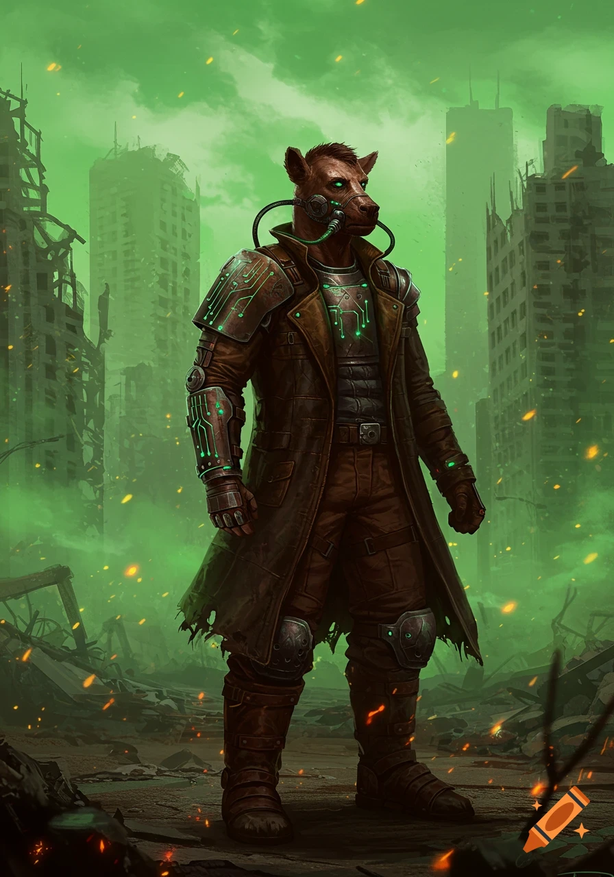 A cyborg-like creature with an animal head and glowing green eyes stands in a post-apocalyptic city under a toxic green sky.