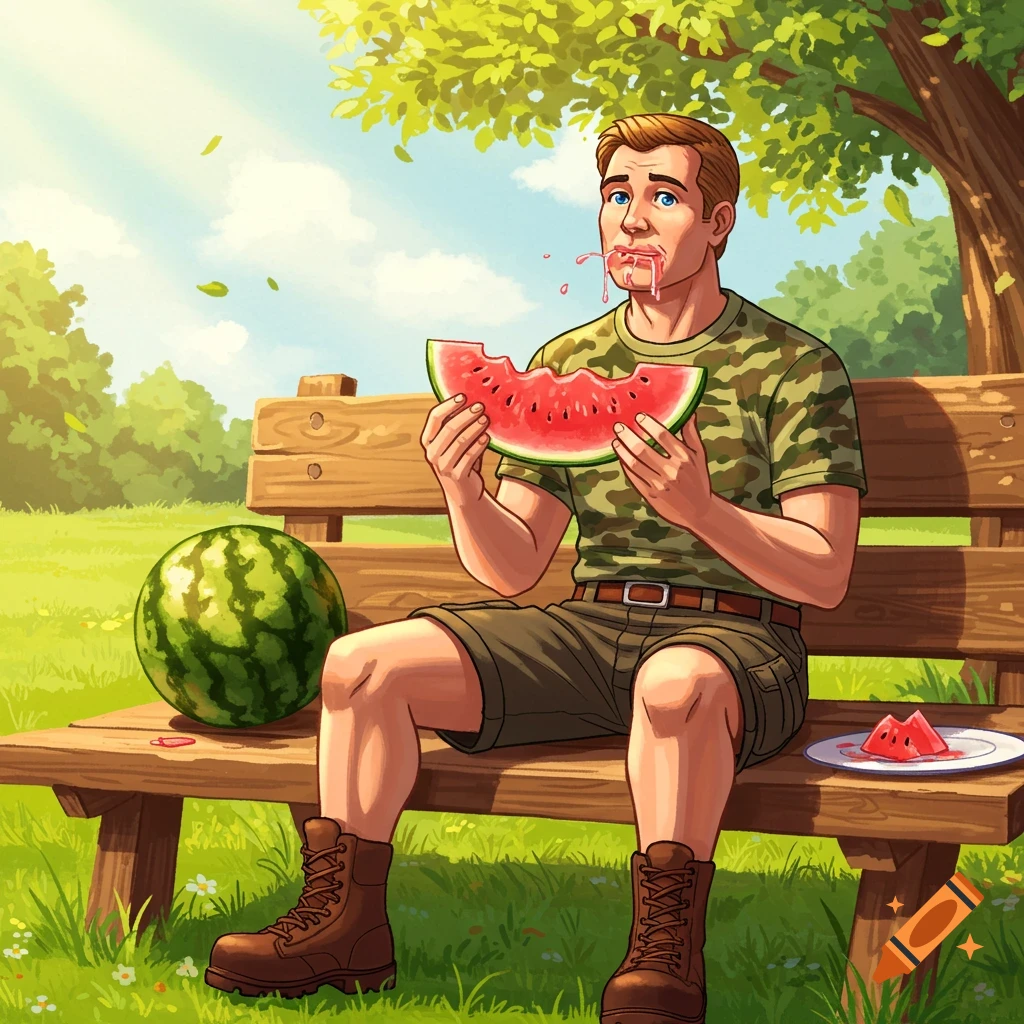 Illustrated man with a camo shirt eating watermelon on a park bench, juice dripping from his mouth.