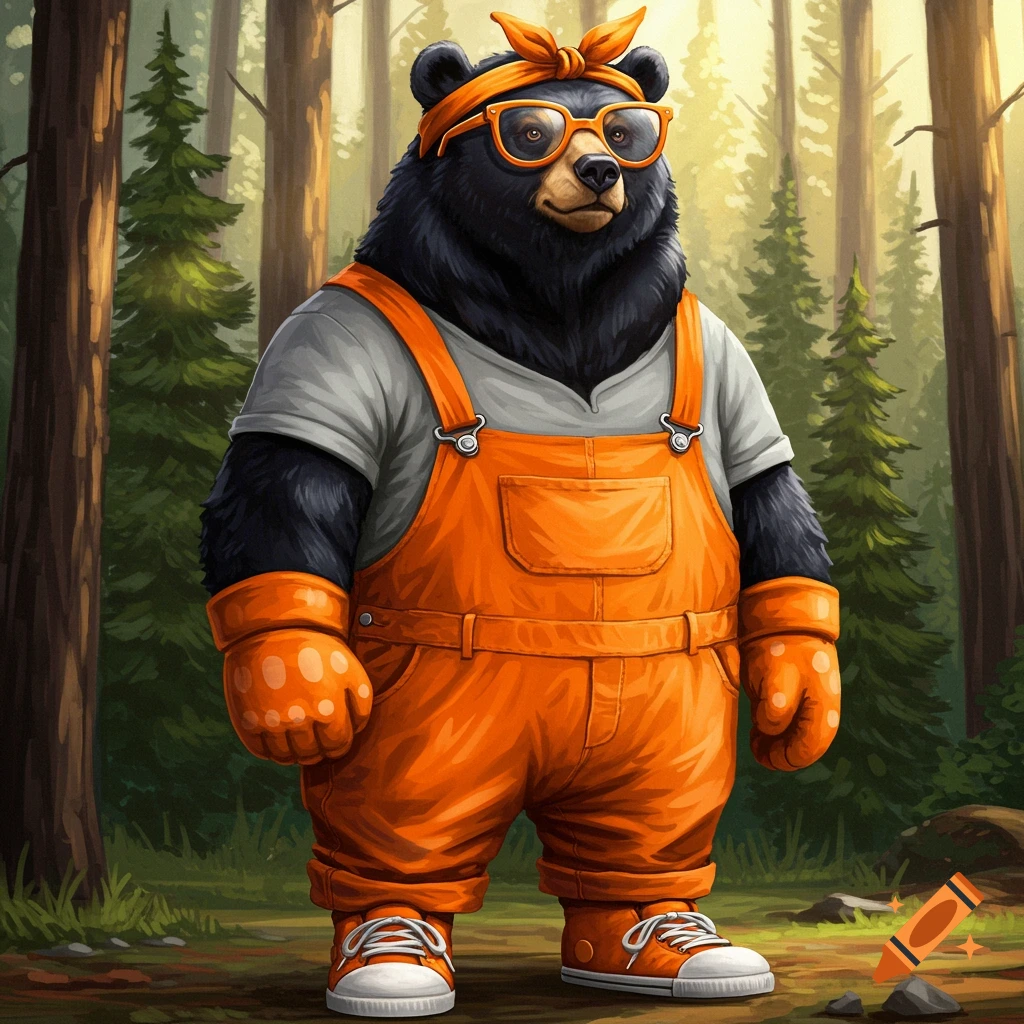 An illustrated black bear wears orange overalls, a grey shirt, orange gloves, orange shoes, orange glasses, and an orange headband while standing in a forest.