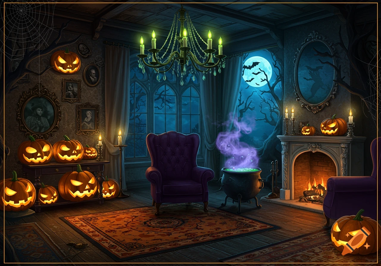 A spooky Halloween room with glowing jack-o'-lanterns, a purple armchair, bubbling cauldron, and a full moon with bats outside the gothic window.