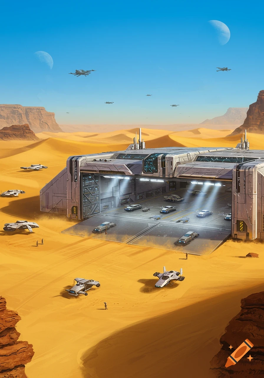 A large futuristic desert base with vehicles and flying ships under a sky with two moons, in a detailed digital illustration style.