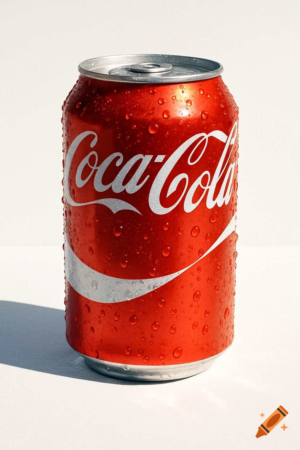 A photorealistic red Coca-Cola can covered in water droplets, standing on a white surface with a slight shadow.