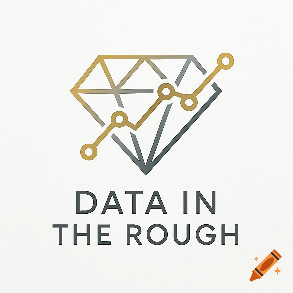A logo featuring a stylized gold and grey diamond overlaid with a rising golden line graph, above the text 'DATA IN THE ROUGH'.
