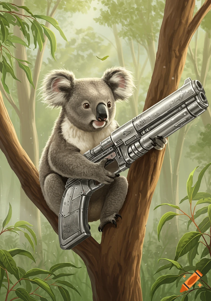 A cute koala sits in a eucalyptus tree, holding a large, detailed futuristic gun in a digital illustration.