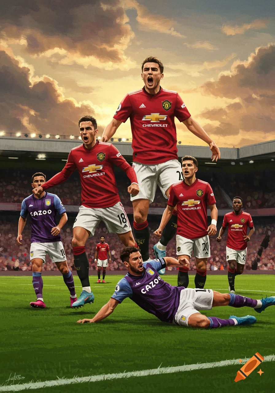 Dynamic illustration of Manchester United players towering over Aston Villa players on a soccer field under a dramatic sky.