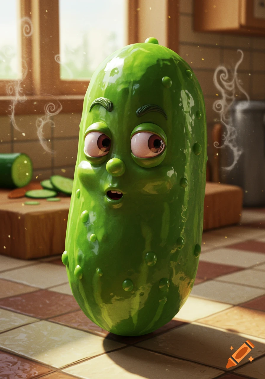 A surprised, anthropomorphic 3D rendered pickle character stands in a kitchen with steam rising.